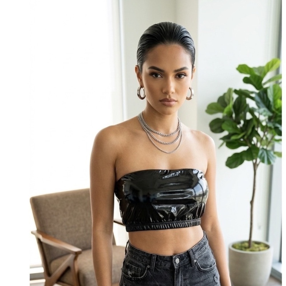 GOOD AMERICAN Better Than Leather Bandeau Top Black Faux Patent Cyber Y2K Baddie